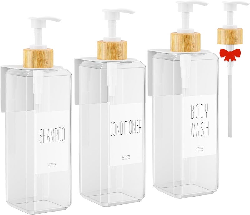 VITVITI Shampoo and Conditioner Dispenser, 17OZ Refillable Shower Soap Dispenser Wall Mounted, Plastic Shampoo/Body Wash Shower Bottles for Bathroom with Pump/Labels, Bamboo (Clear) - Image 1